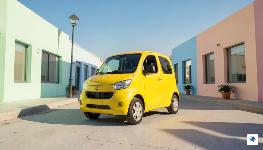 A vibrant, high-contrast photograph of a compact electric truck parked&hellip;