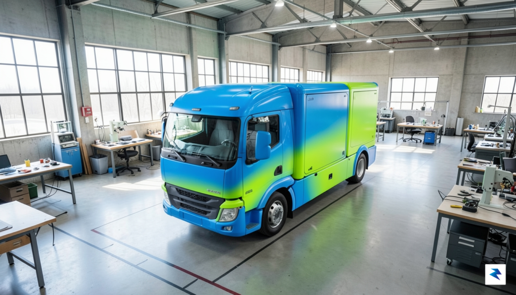 A vibrant, high-angle shot of a modular electric truck featuring&hellip;