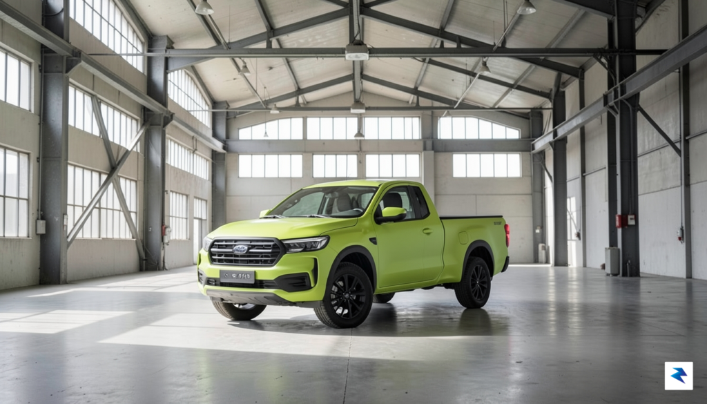 A wide-angle shot of a minimalist, brightly colored electric pickup&hellip;