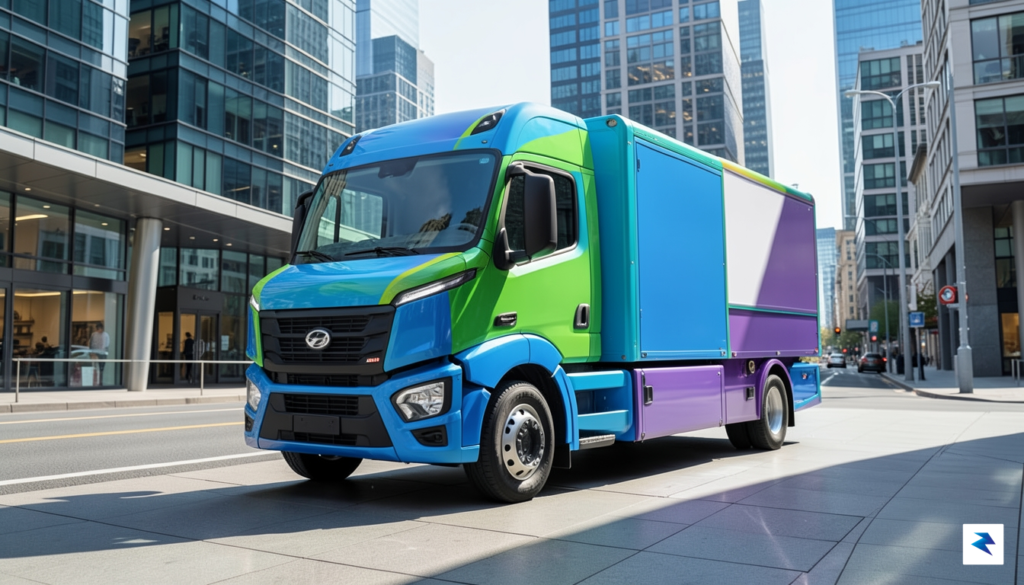 A vibrant, modular electric truck parked in a modern urban&hellip;