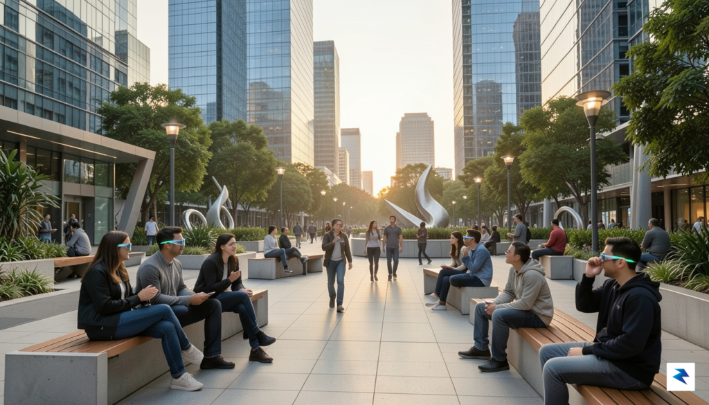 A diverse group of people in a modern city setting,…
