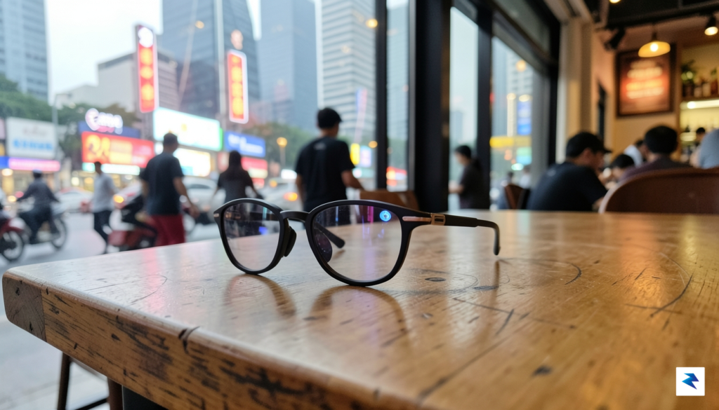 A sleek, modern pair of smart glasses sitting on a…