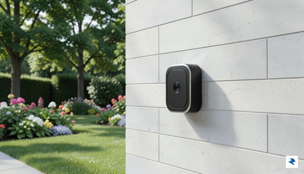 A modern, minimalist smart doorbell flush-mounted on a clean, light-gray…
