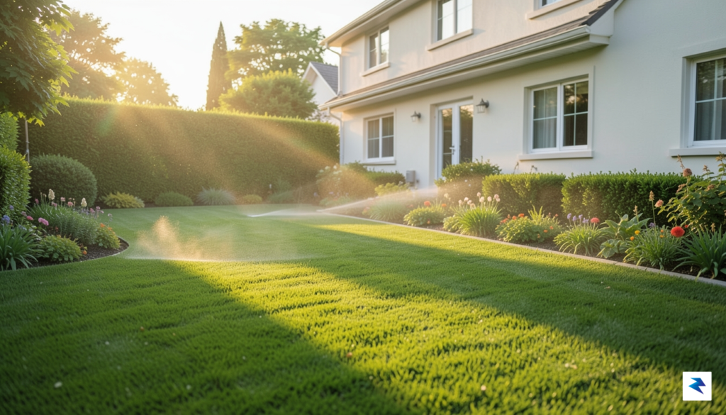 A wide-angle shot of a lush, vibrant green residential lawn…