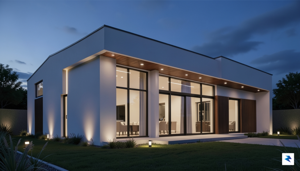 A modern home exterior during twilight featuring subtle, integrated smart…