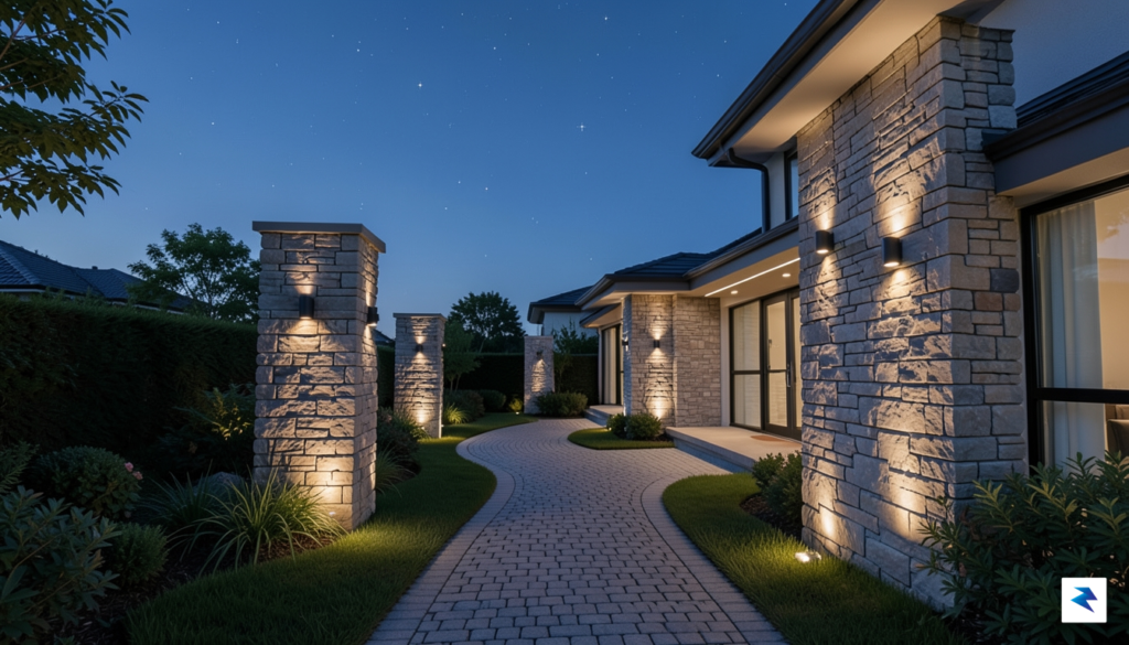 A modern home exterior at dusk, illuminated by subtle, warm-toned…