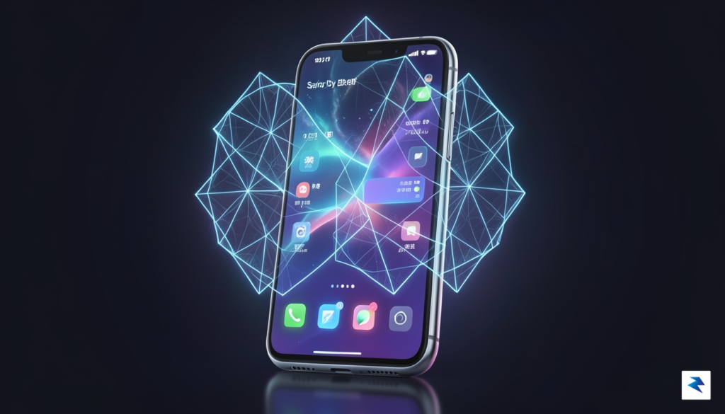 A digital illustration showing a futuristic smartphone interface with glowing,&hellip;