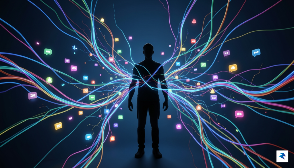 A conceptual digital art piece showing a human silhouette connected&hellip;