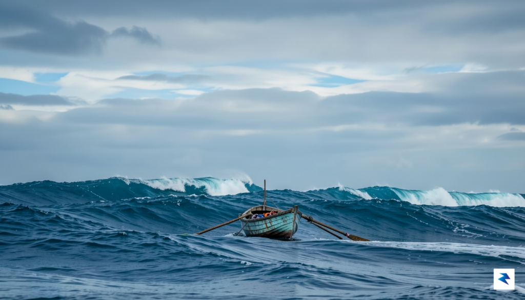 A wide-angle, cinematic shot of a small rowing boat dwarfed&hellip;