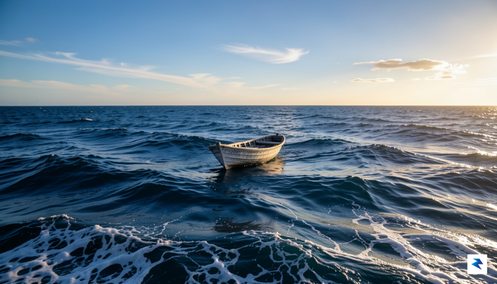A wide-angle, cinematic shot of a small, weather-beaten rowing boat&hellip;