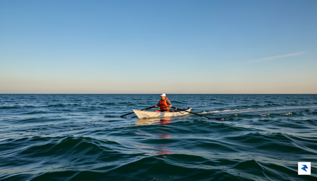 A solo rower in a small ocean rowing boat, expertly&hellip;