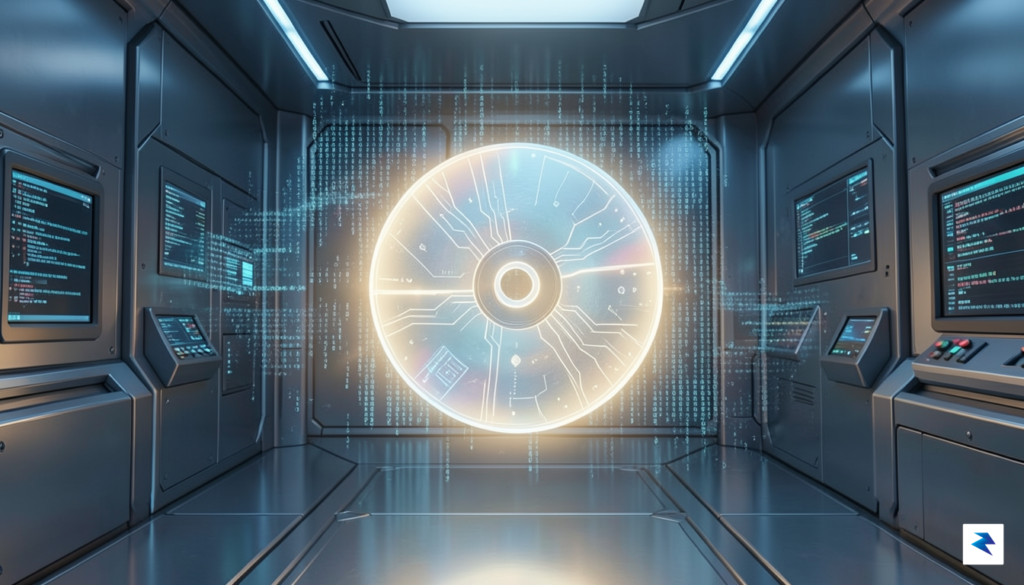 A conceptual digital illustration showing a glowing, translucent game disc&hellip;