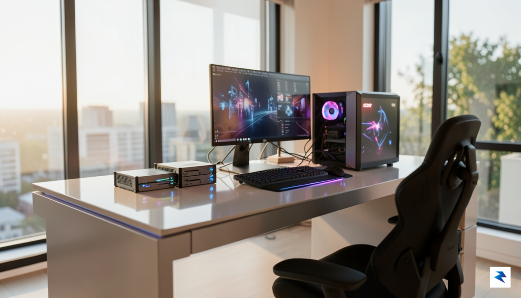 A sleek, high-tech home office setup featuring multiple external SSDs&hellip;