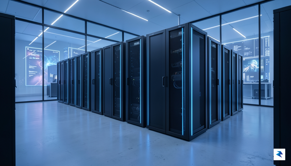 A sleek, minimalist digital server room glowing with blue PlayStation-themed&hellip;