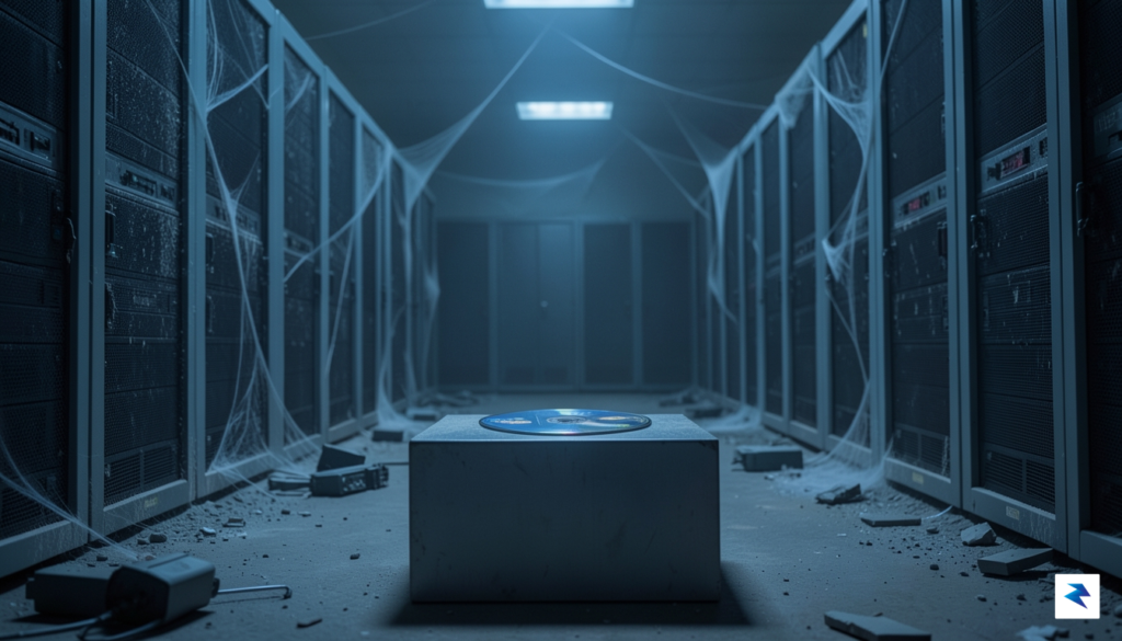 A somber, high-detail photograph of a dusty, abandoned server room&hellip;