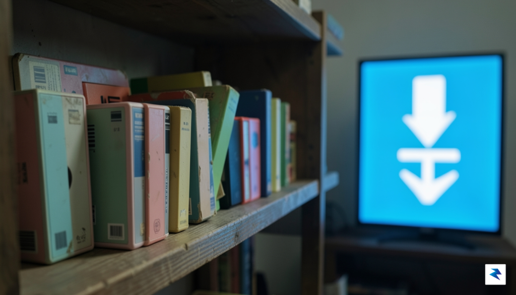 A cluttered shelf of vintage video game cases fading into&hellip;