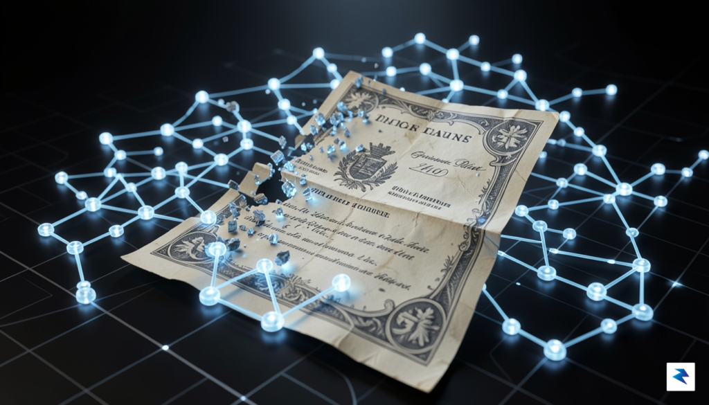 A sleek, high-tech 3D visualization showing a physical stock certificate…