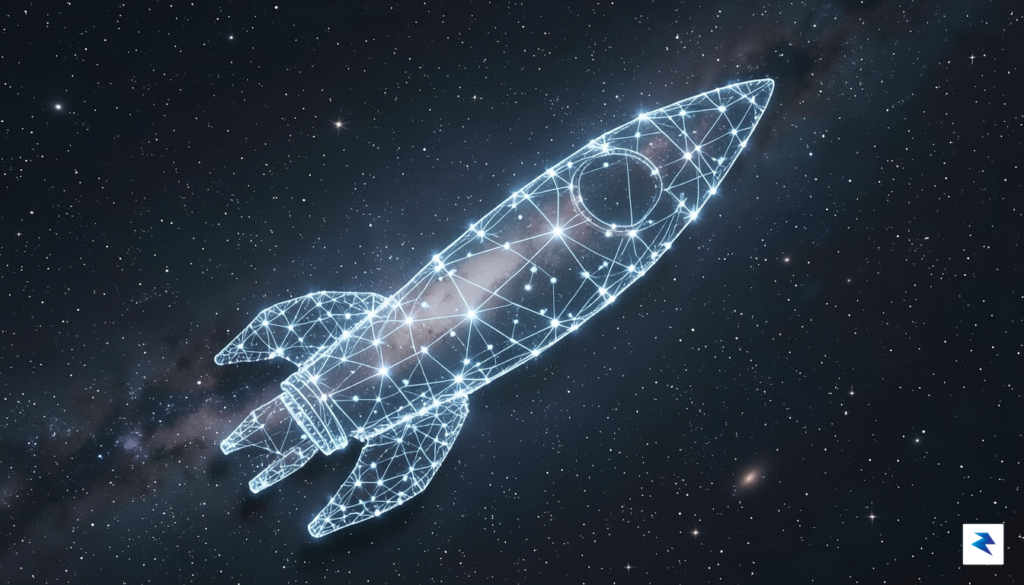 A digital visualization of a glowing, interconnected blockchain network forming…