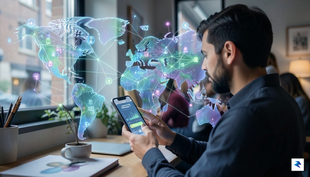 A digital visualization showing a retail investor using a smartphone…