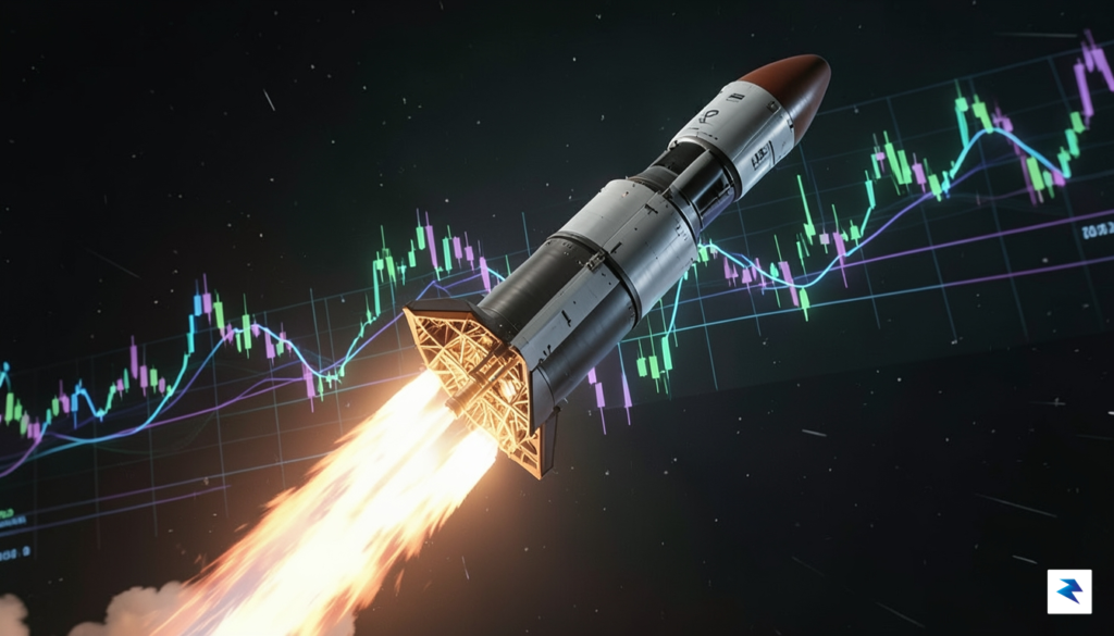 A stylized illustration depicting SpaceX's Falcon 9 rocket launching into…