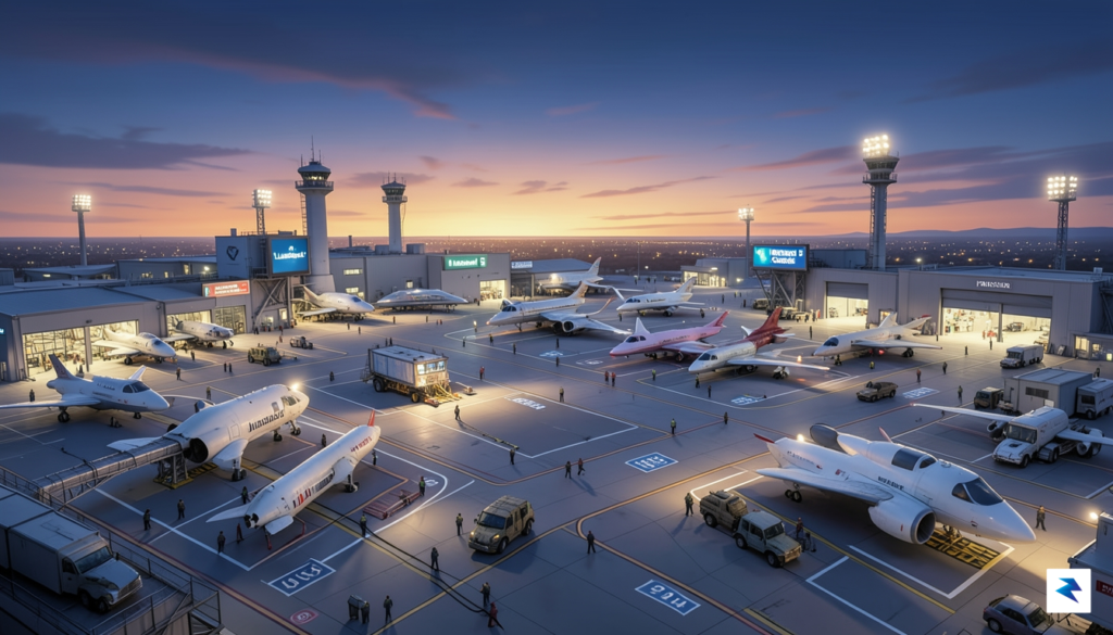 A wide-angle digital illustration showing a bustling commercial spaceport at&hellip;