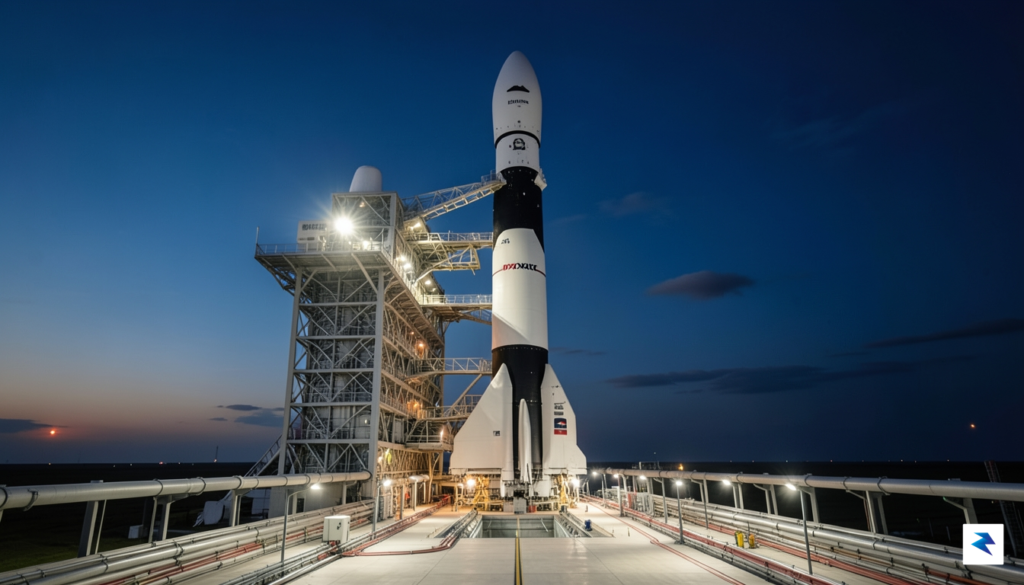 A wide-angle shot of a SpaceX Falcon 9 rocket standing&hellip;