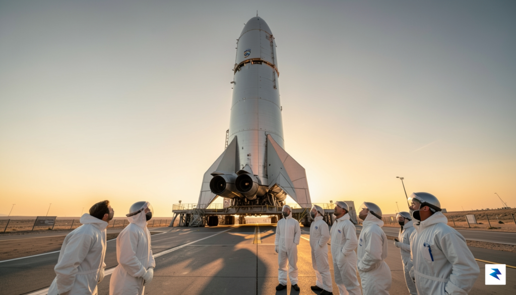 A wide-angle, cinematic shot of a Starship rocket on a…