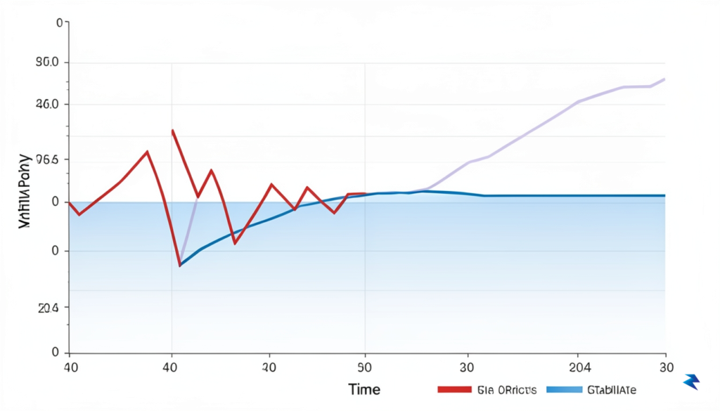 A digital visualization showing a stock market graph trending steadily…