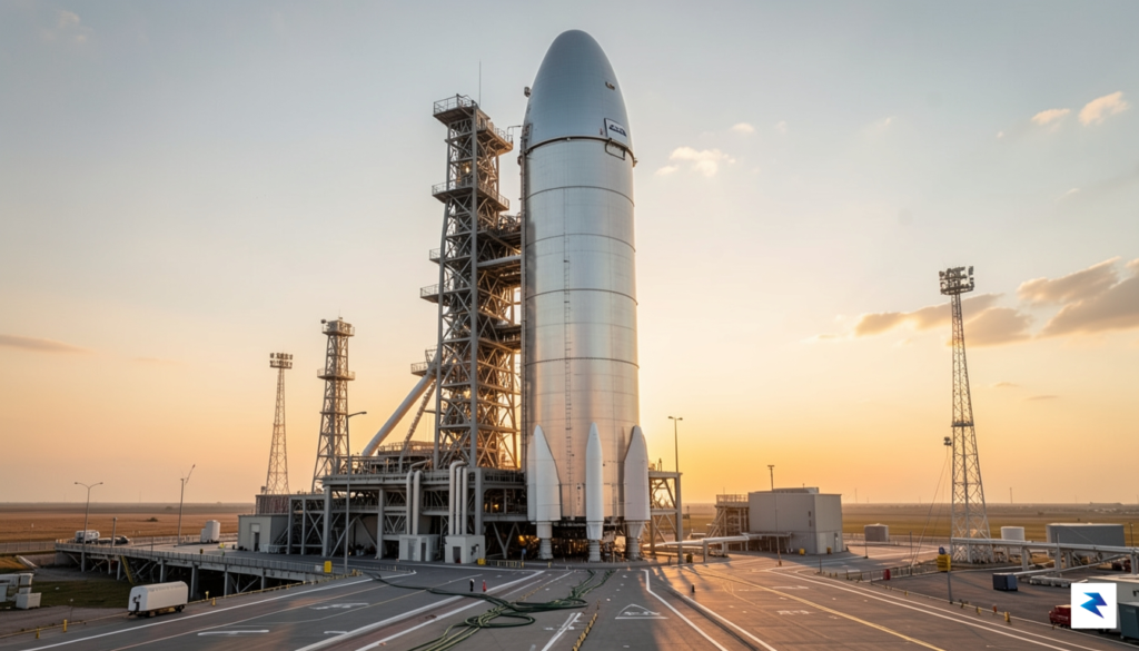 A wide-angle, cinematic shot of the massive Starship rocket standing…