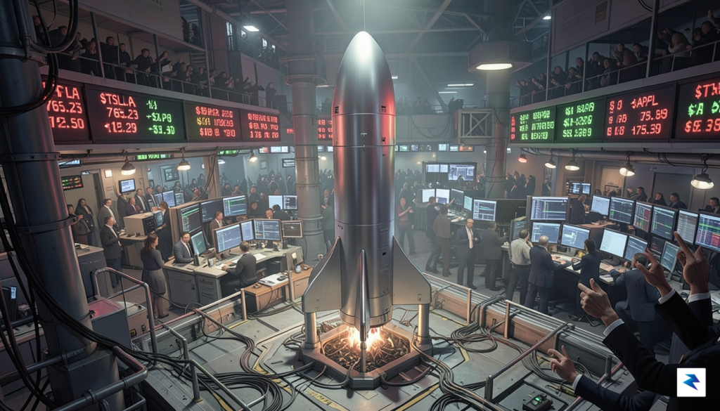 A wide-angle digital illustration showing a sleek, silver Starship rocket…