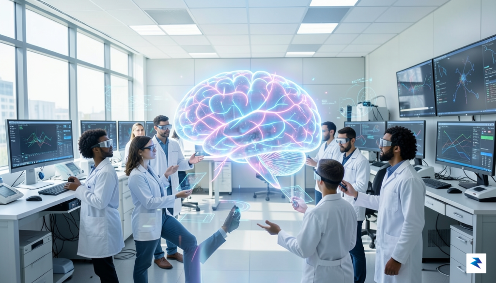 A conceptual illustration showing a transparent, glowing digital brain structure&hellip;