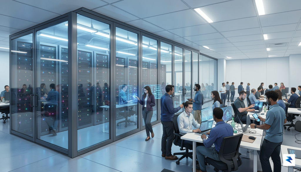 A conceptual digital illustration showing a glass-walled server room being&hellip;