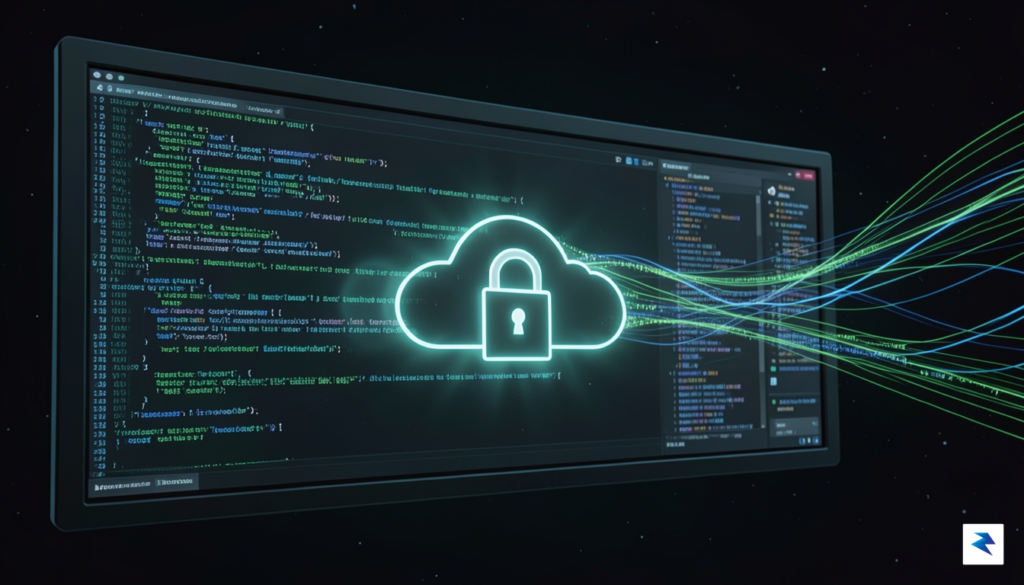 A conceptual digital illustration of a glowing terminal window with&hellip;