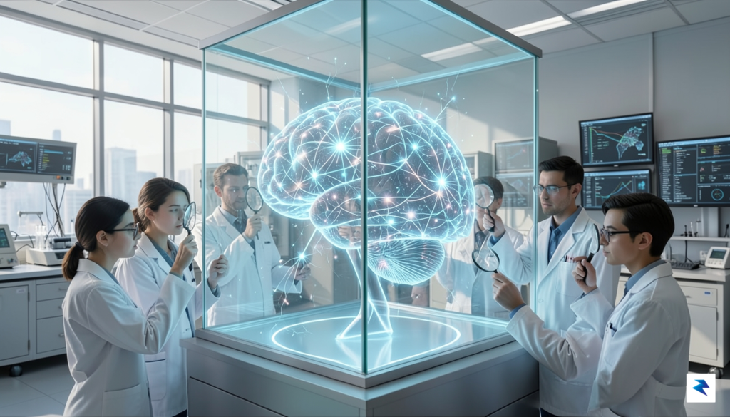 A conceptual digital illustration showing a glass-walled AI brain being&hellip;