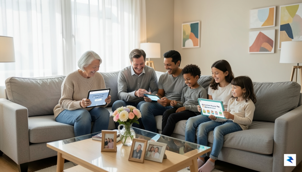 A diverse, multi-generational family sitting together on a modern living&hellip;