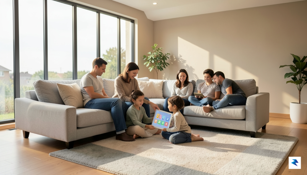 A diverse family sitting on a sofa in a brightly&hellip;