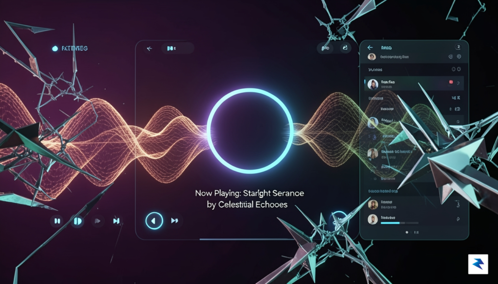 A digital visualization of a music streaming interface where glowing,…