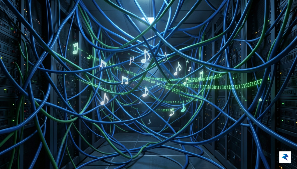 A conceptual digital art piece showing a server room filled…