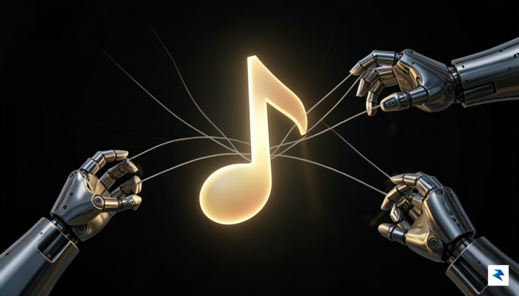 A conceptual digital illustration showing a glowing musical note being…