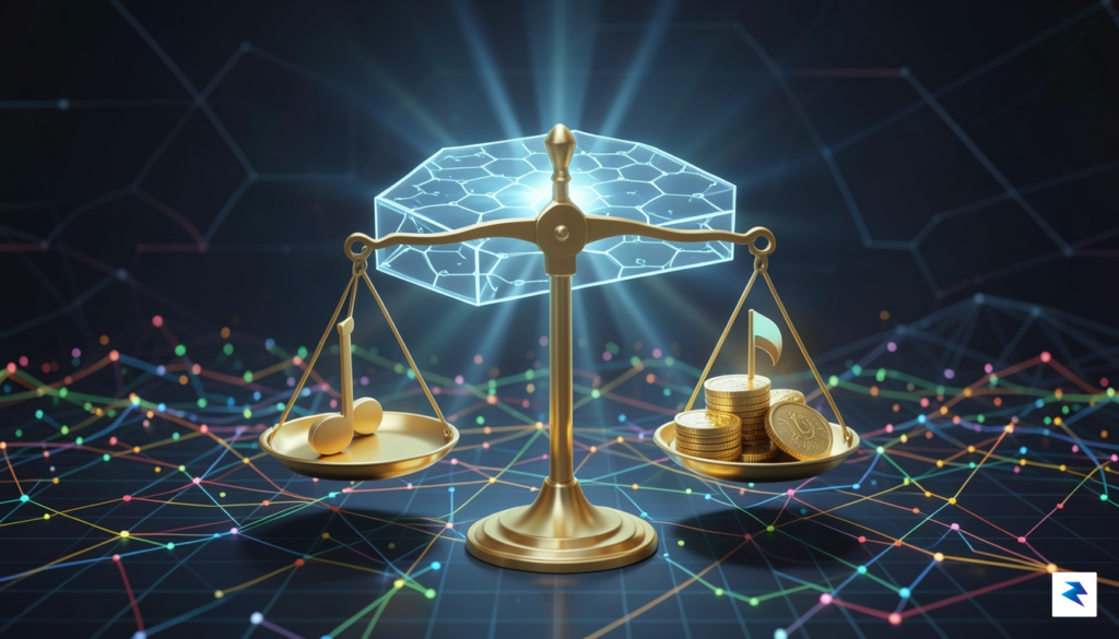 A digital illustration showing a glowing, transparent blockchain ledger overlaying…