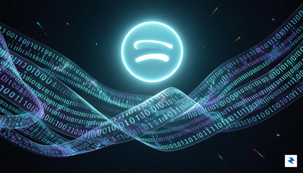 A conceptual digital illustration showing a glowing Spotify logo floating…