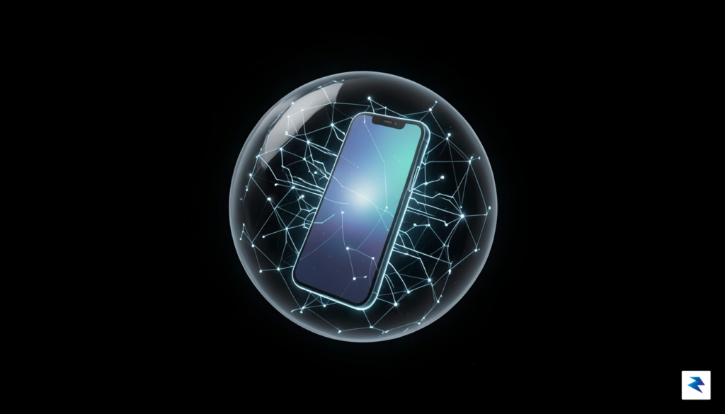 A digital conceptual illustration showing a smartphone floating in a&hellip;