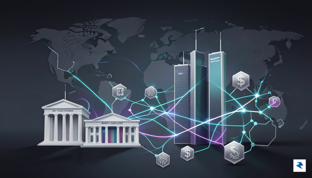 A modern, minimalist digital illustration showing a global financial network…