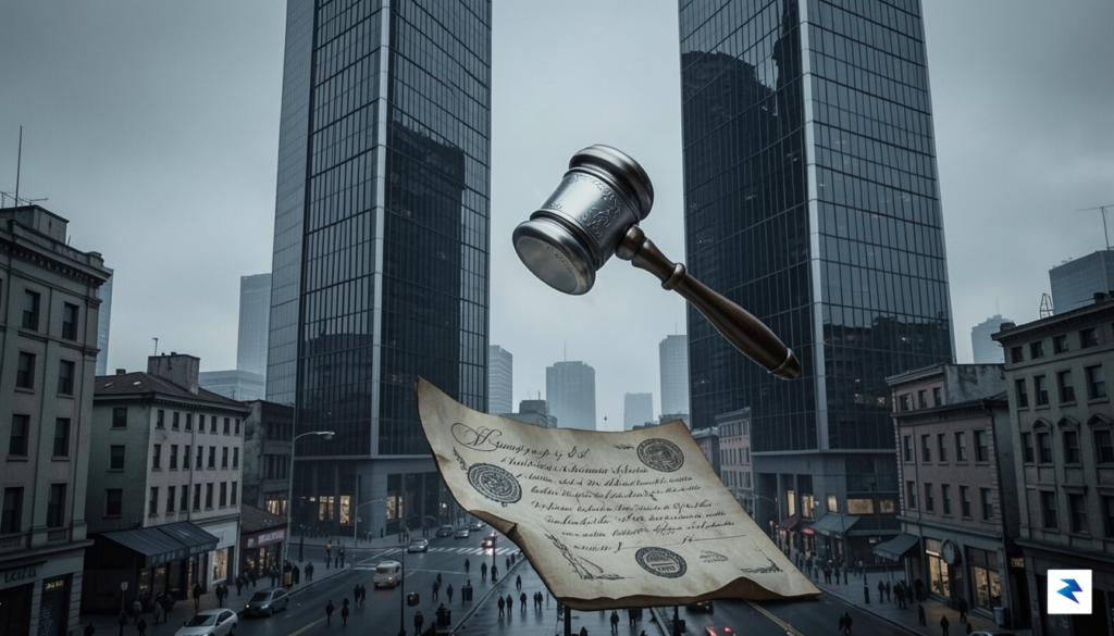 A conceptual digital illustration showing two massive corporate monoliths casting&hellip;