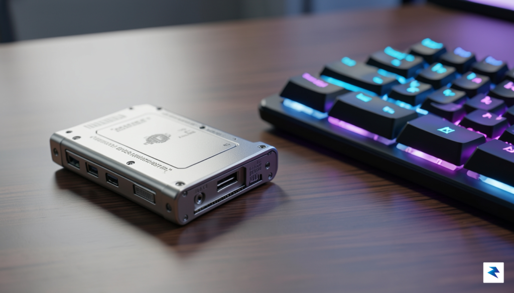 A close-up, high-tech rendering of a hardware crypto wallet resting…