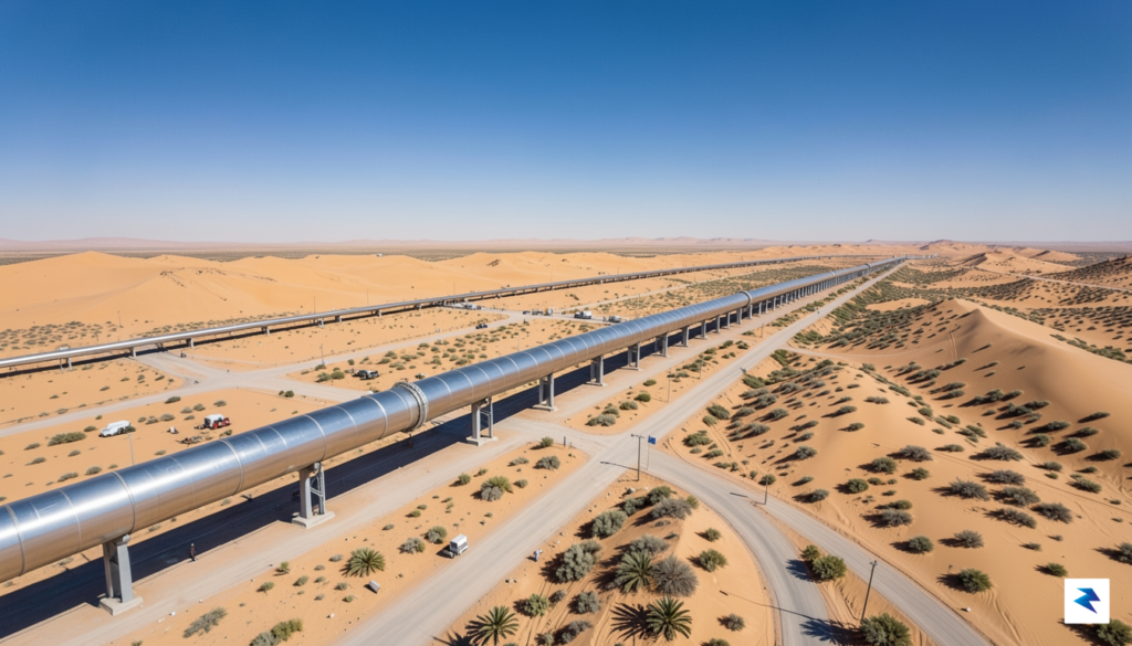 A wide-angle aerial shot of a massive, modern pipeline stretching&hellip;