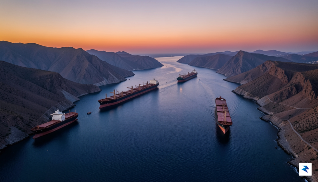 A high-angle satellite-style view of the Strait of Hormuz at&hellip;