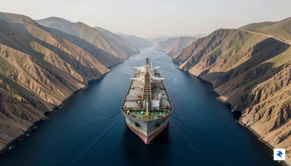 A wide-angle aerial shot of a massive oil tanker navigating&hellip;