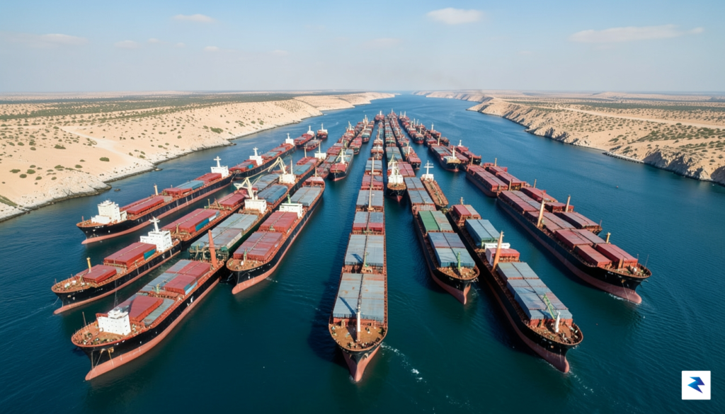 An overhead satellite-style view of a congested Strait of Hormuz,&hellip;