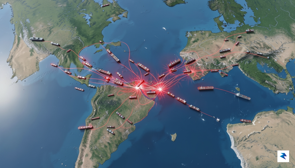 A digital data visualization map showing global shipping lanes through…